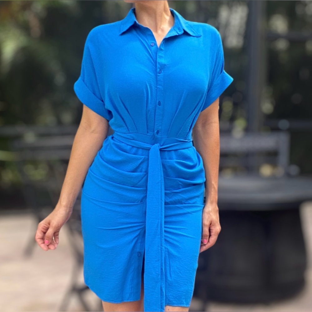 g.p.d. Royal Blue Short Sleeve Buttoned Down Self Tie Ruched Dress - Siz…